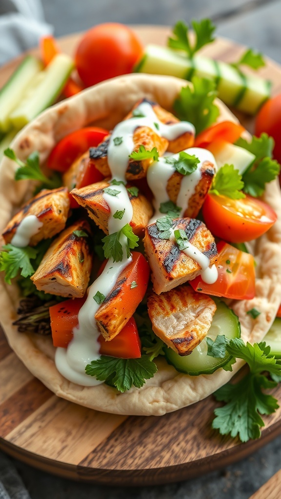 Mediterranean Pita Bread Sandwich Recipe A Mediterranean pita sandwich filled with chicken, lettuce, tomatoes, and cucumbers, drizzled with yogurt sauce on a wooden board.